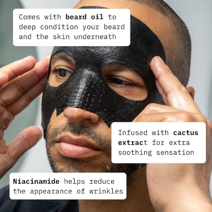 Cardon FACE MASK FOR BEARDED MEN | KOREAN SHEET MASK FOR MEN | BAMBOO CHARCOAL FACIAL MASK AND BEARD OIL | 4-PACK - Image 3